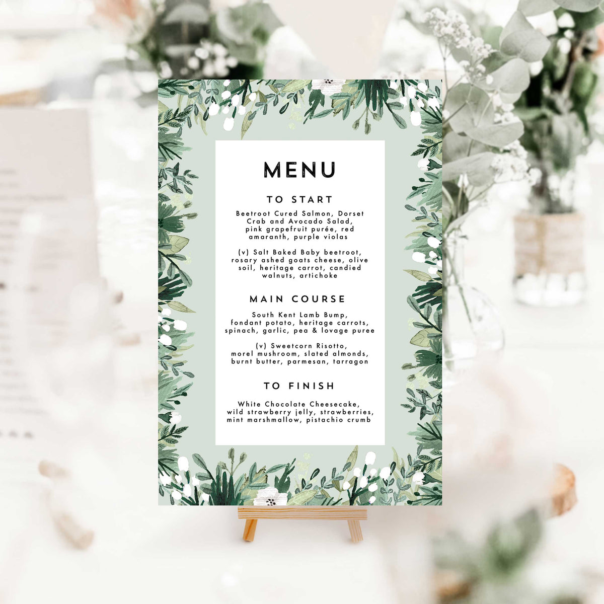 Sage Green & White Foliage Menu Cards Emmy Designs