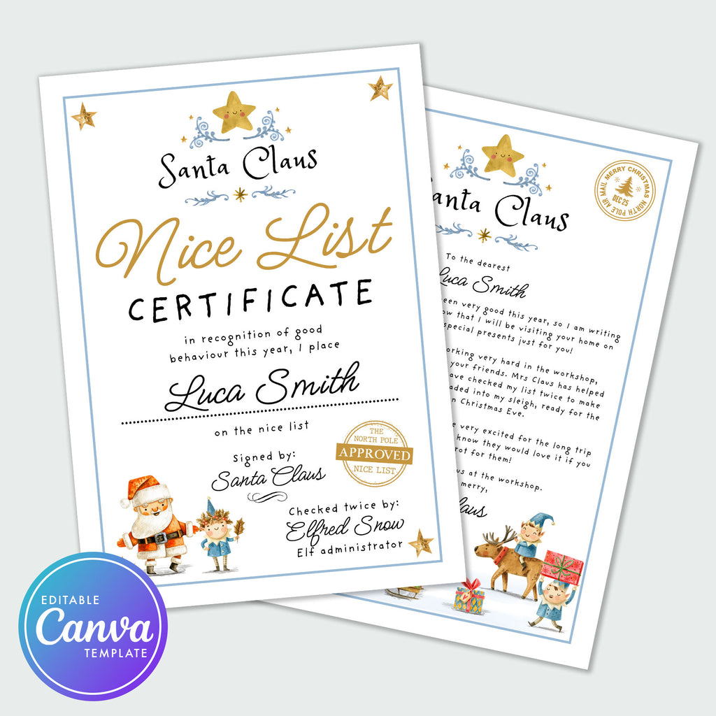letter from santa and nice list cerficifate with a blue order and cute santa and eleven illustrations 