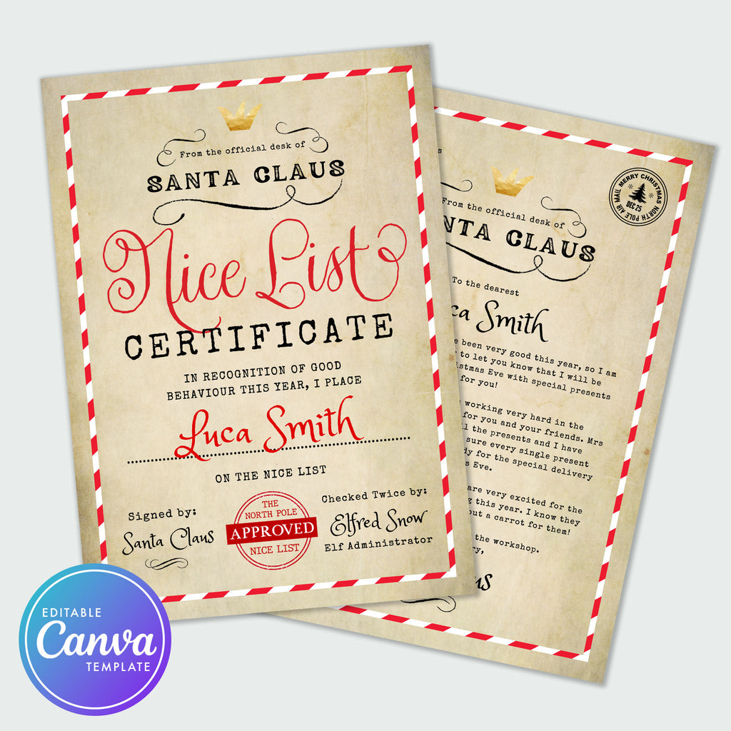 letter from santa claus and nice list certificate with a vintage kraft background