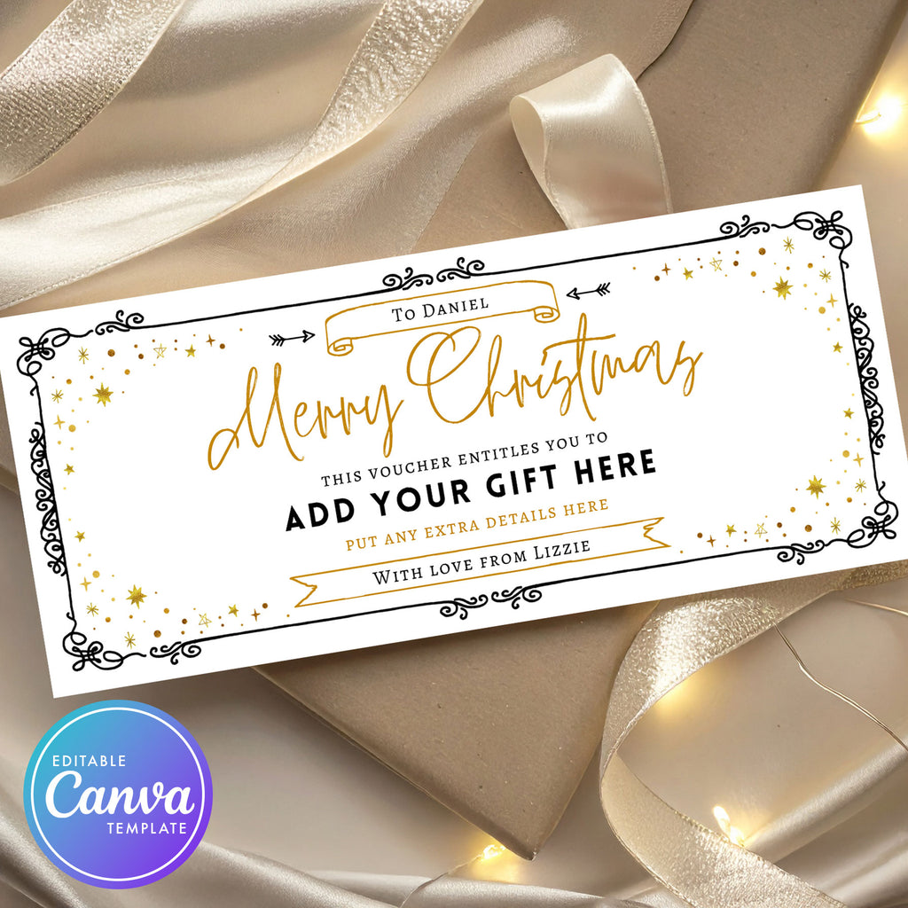 luxury christmas gift voucher with black and gold details