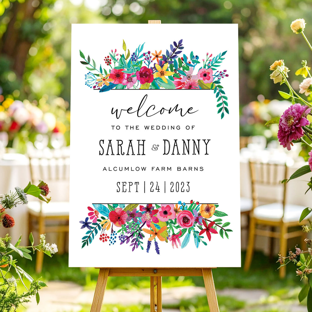 Wedding welcome sign with colourful  floral design 