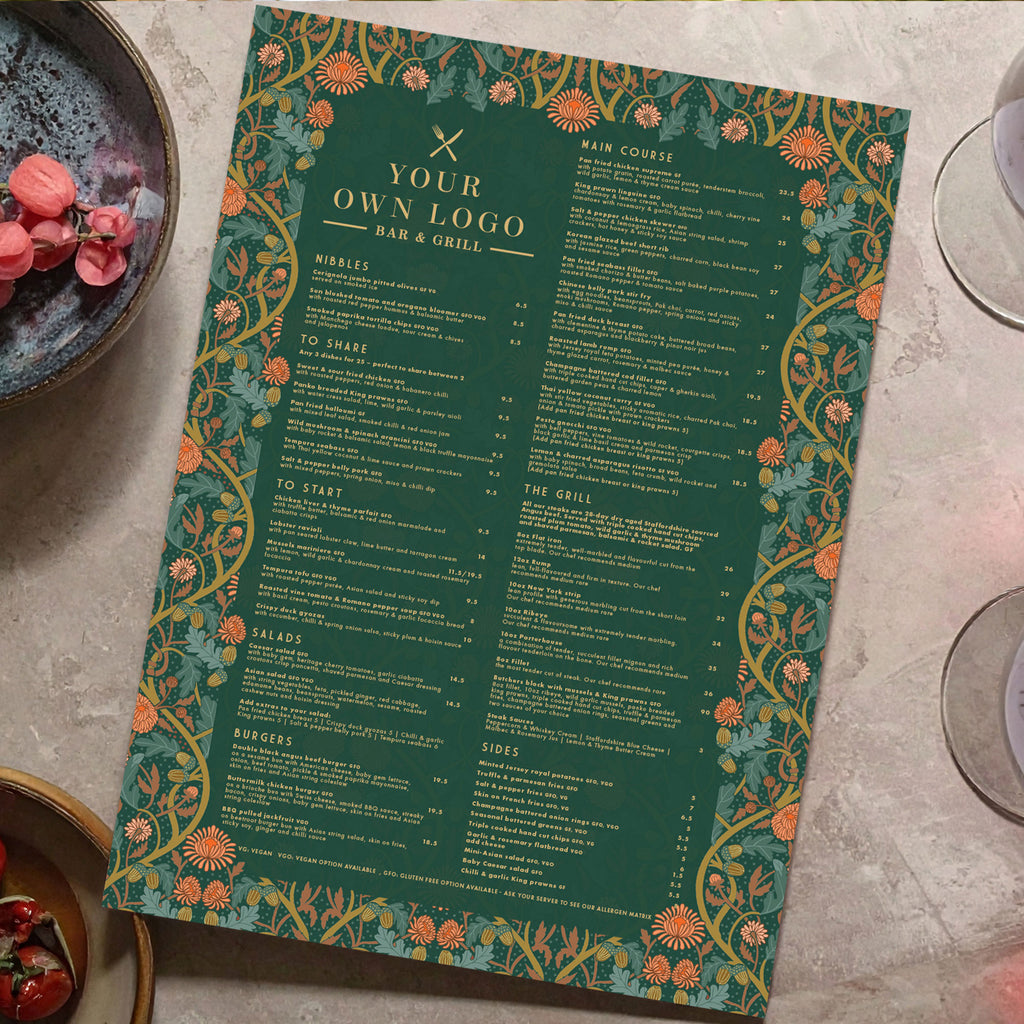 Restaurant Menu design with a vintage botanical design in green and gold
