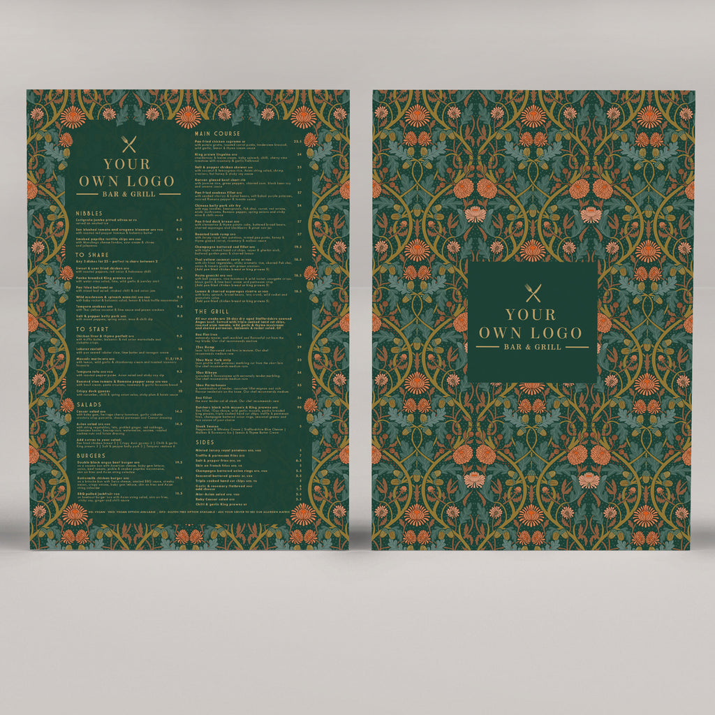 Restaurant Menu design with a vintage botanical design in green and gold