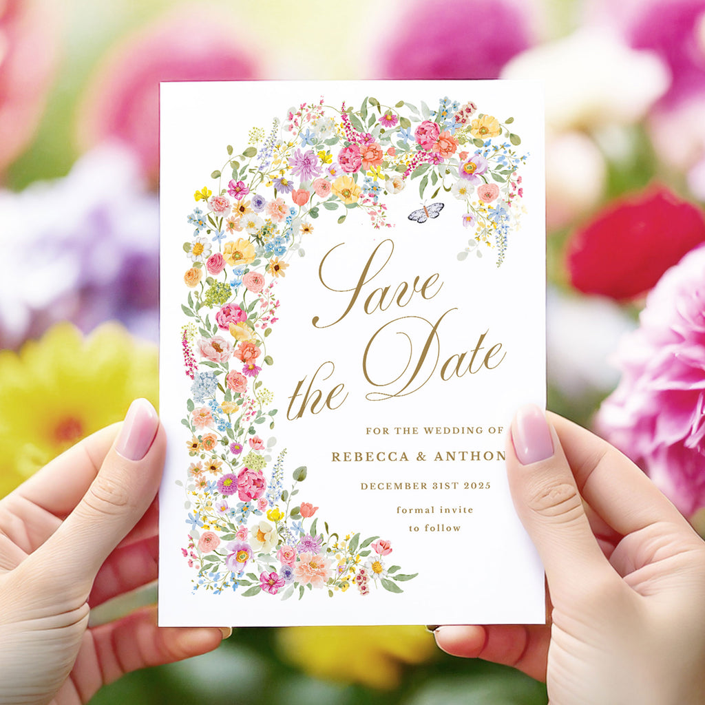 save the date featuring brightly coloured summer flowers around gold text.