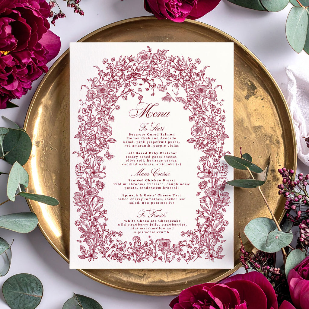 wedding menu with a burgundy floral design