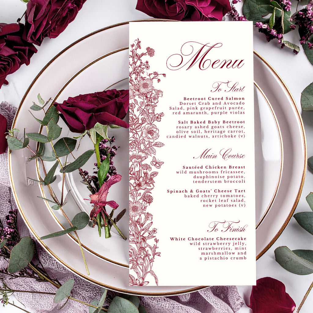 wedding menu with a burgundy floral design