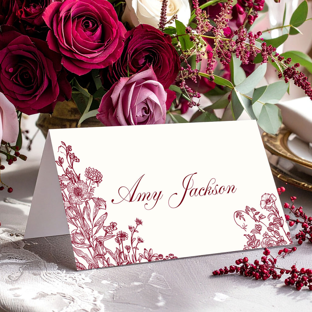 wedding Place card with a burgundy floral design