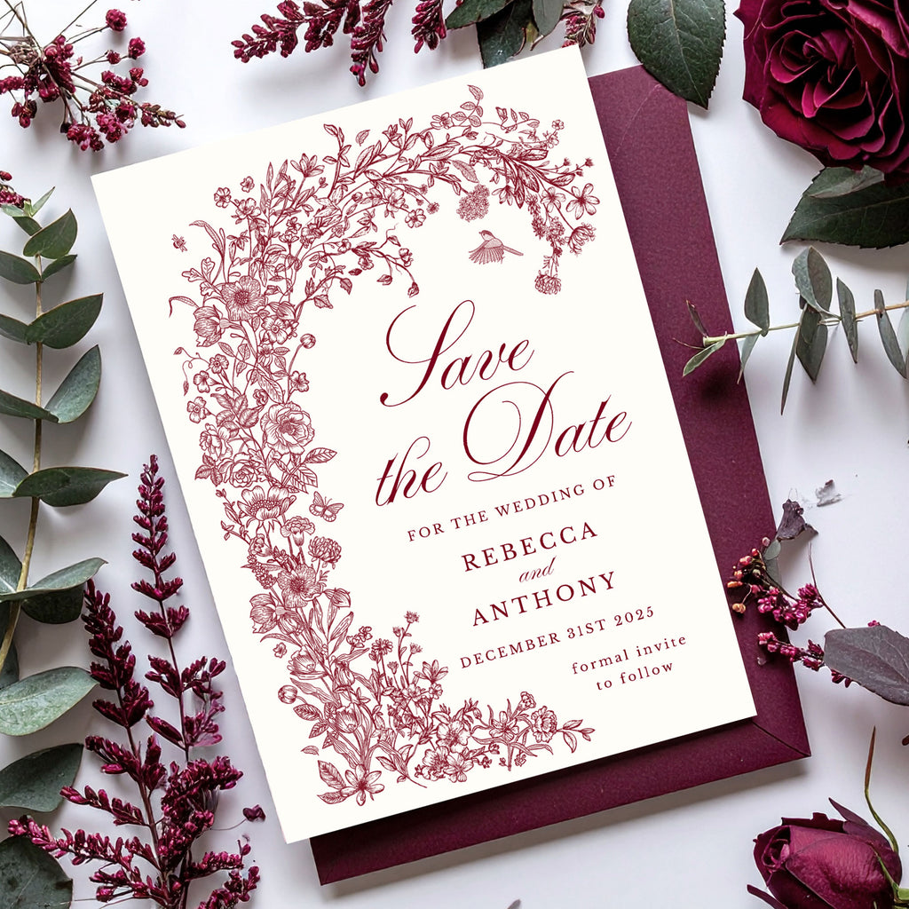Wedding save the date card with a burgundy floral design 
