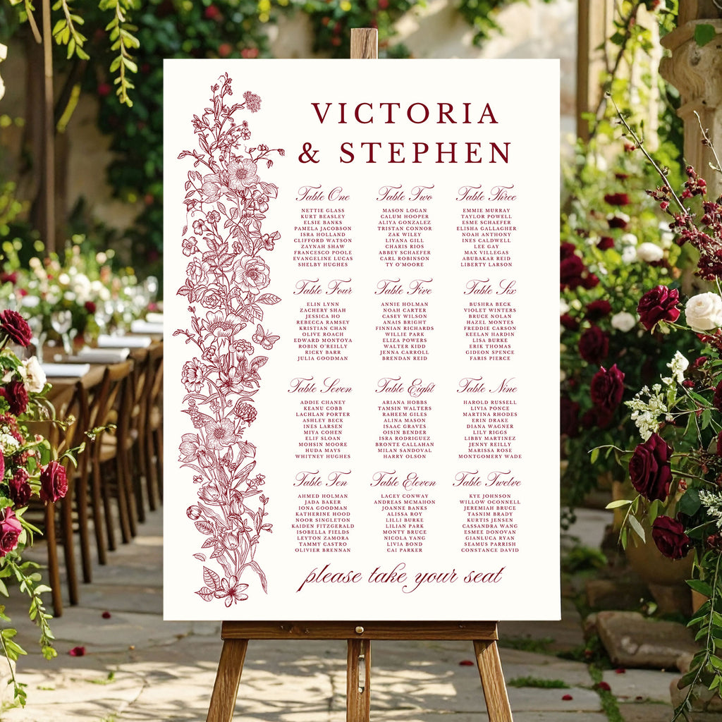 wedding table plan with elegant text and burgundy flowers