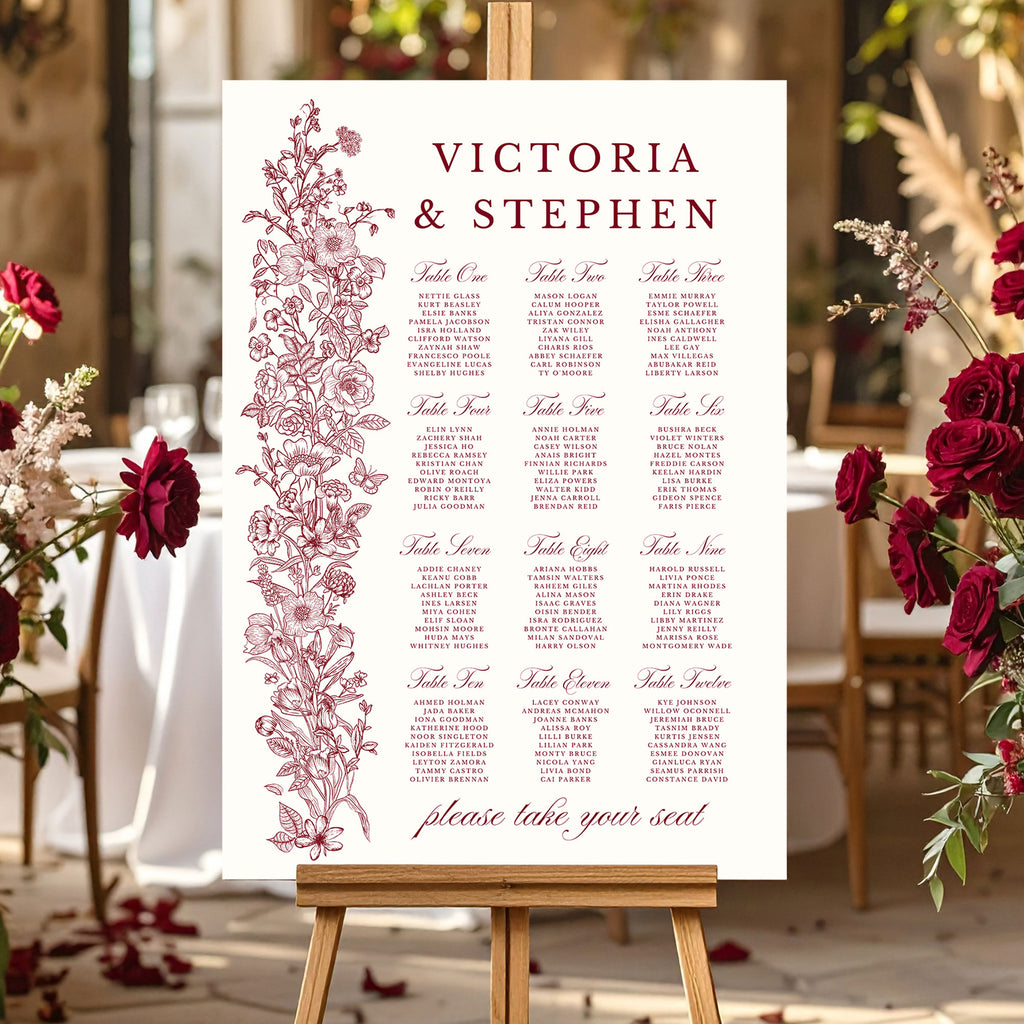 wedding table plan with elegant text and burgundy flowers