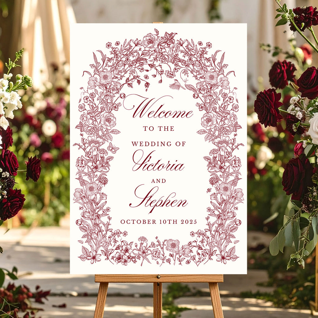 Wedding welcome sign with a burgundy floral design 