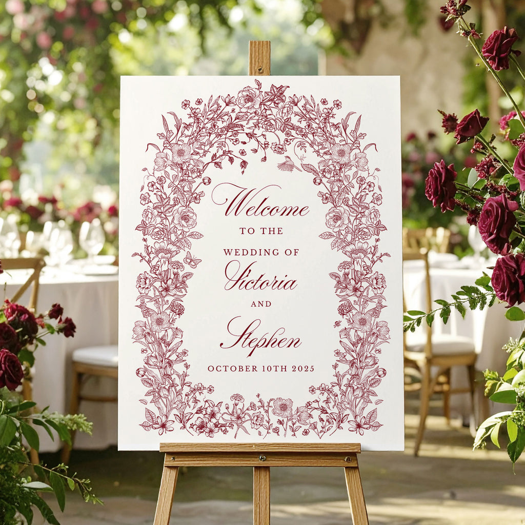 Wedding welcome sign with a burgundy floral design 