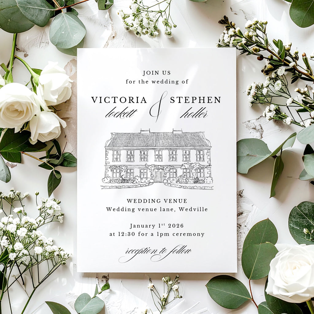 wedding invitation with hand drawn venue sketch