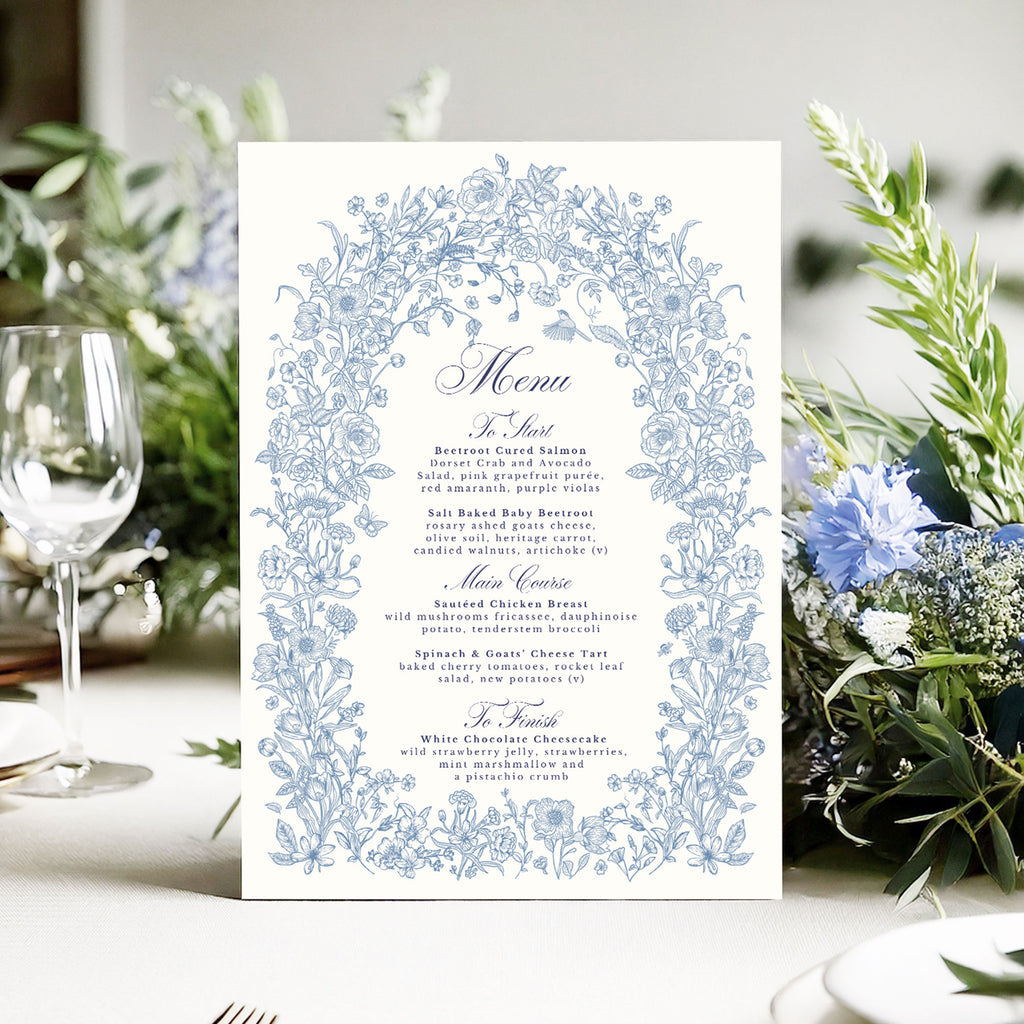 wedding menu with blue wildflowers