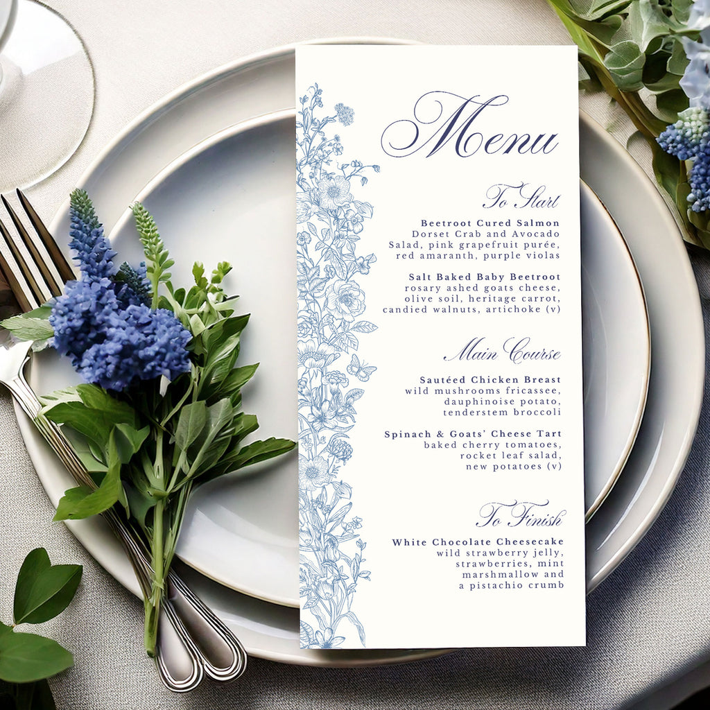 wedding menu with blue wildflowers