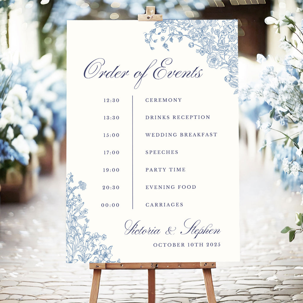 wedding order of events board with blue wildflowers and timeline