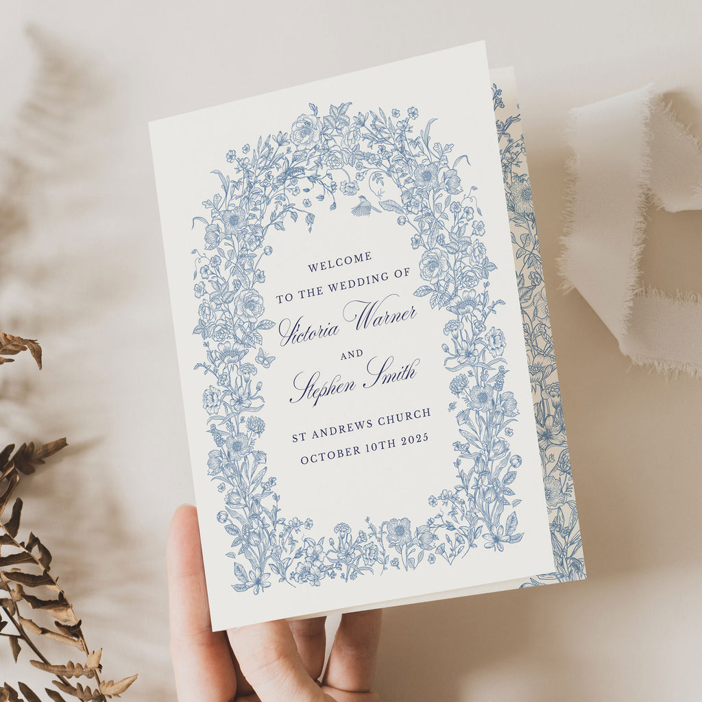 wedding order of service with blue florals