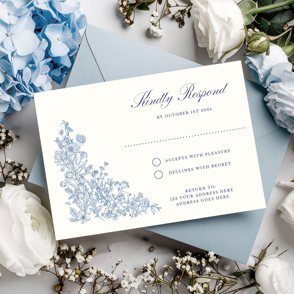 wedding rave card with  dusty blue botanical flowers