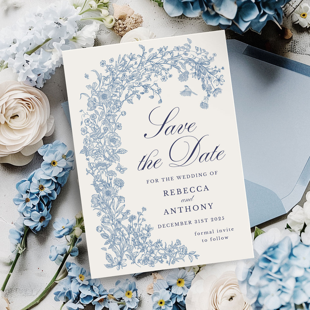 Wedding invitation card with a blue wildflower design 