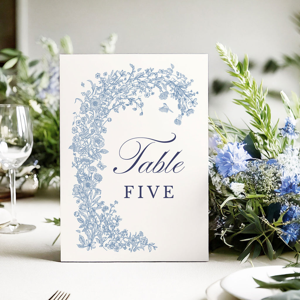 Table number sign with blue floral design 