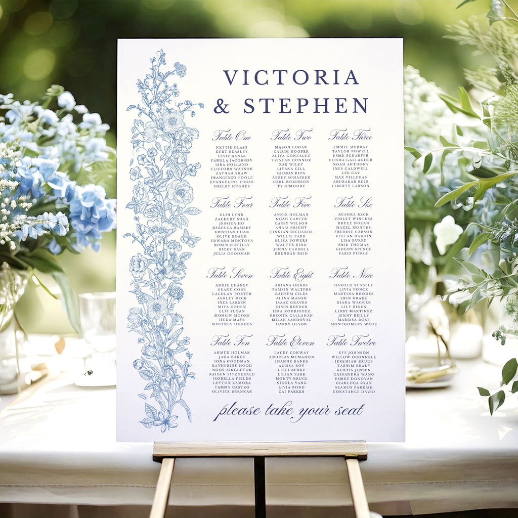 table plan with blue wildflowers