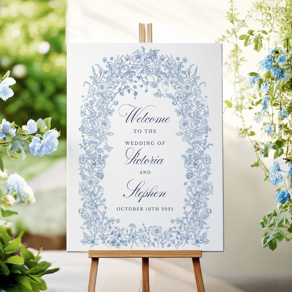 Wedding welcome sign with a blue floral design 