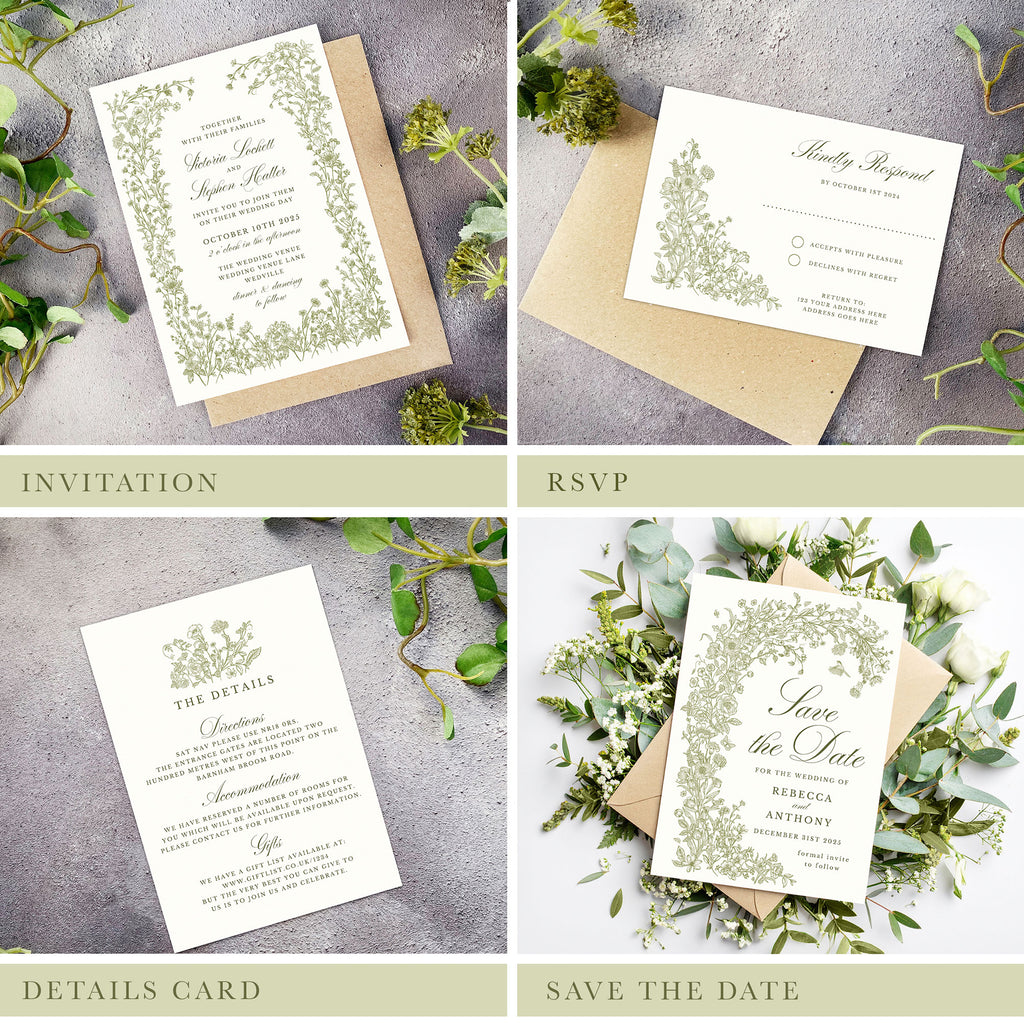 digital wedding stationery bundle with an elegant green wildflower design