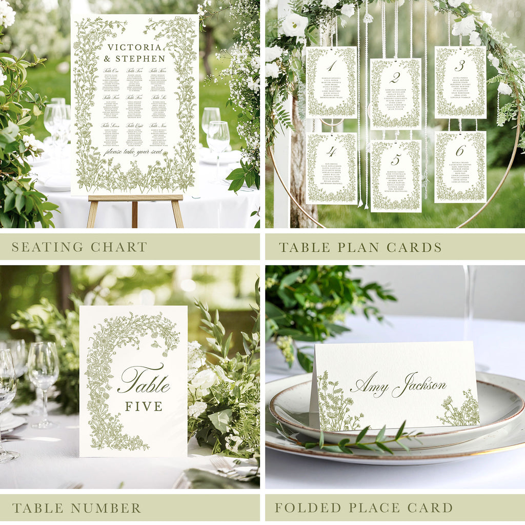 digital wedding stationery bundle with an elegant green wildflower design