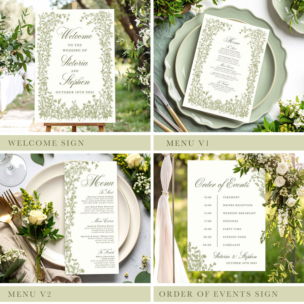 digital wedding stationery bundle with an elegant green wildflower design