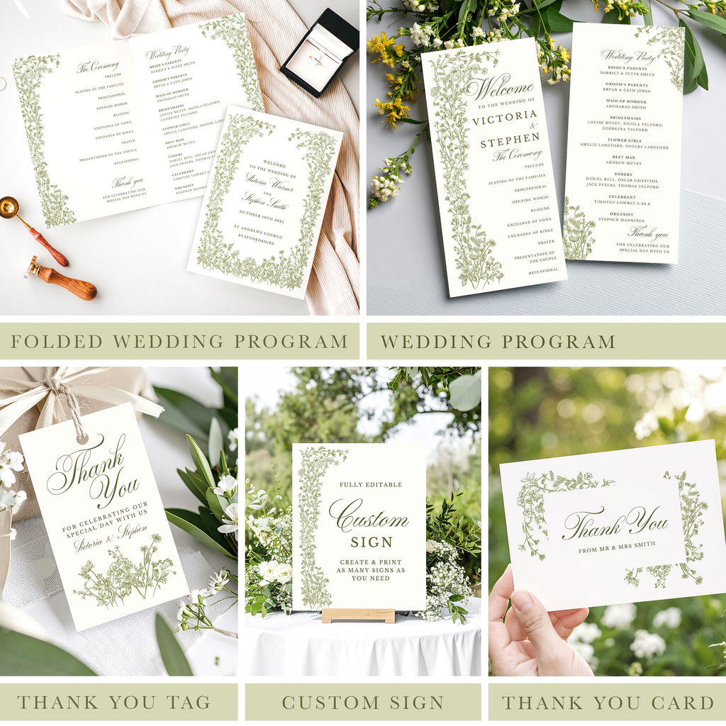 digital wedding stationery bundle with an elegant green wildflower design