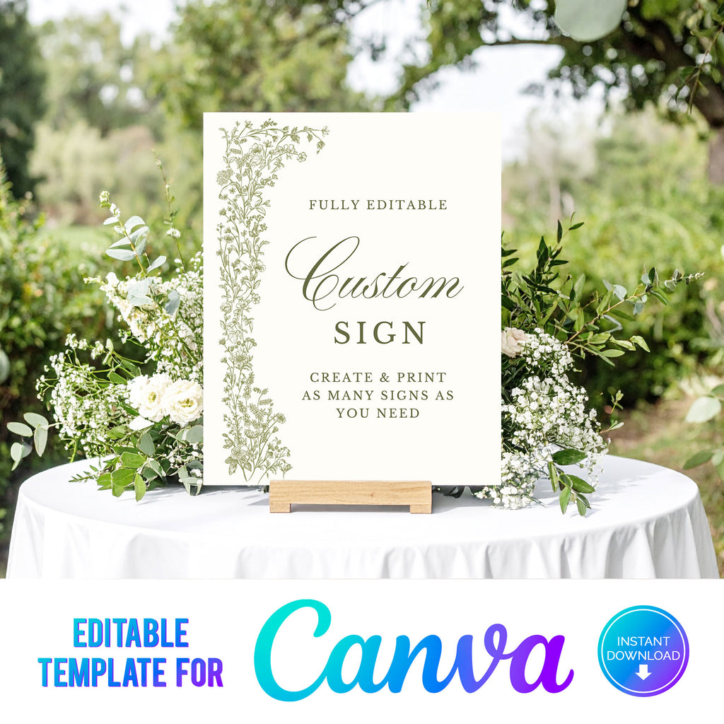 printable custom wedding sign with green wildflowers and elegant text