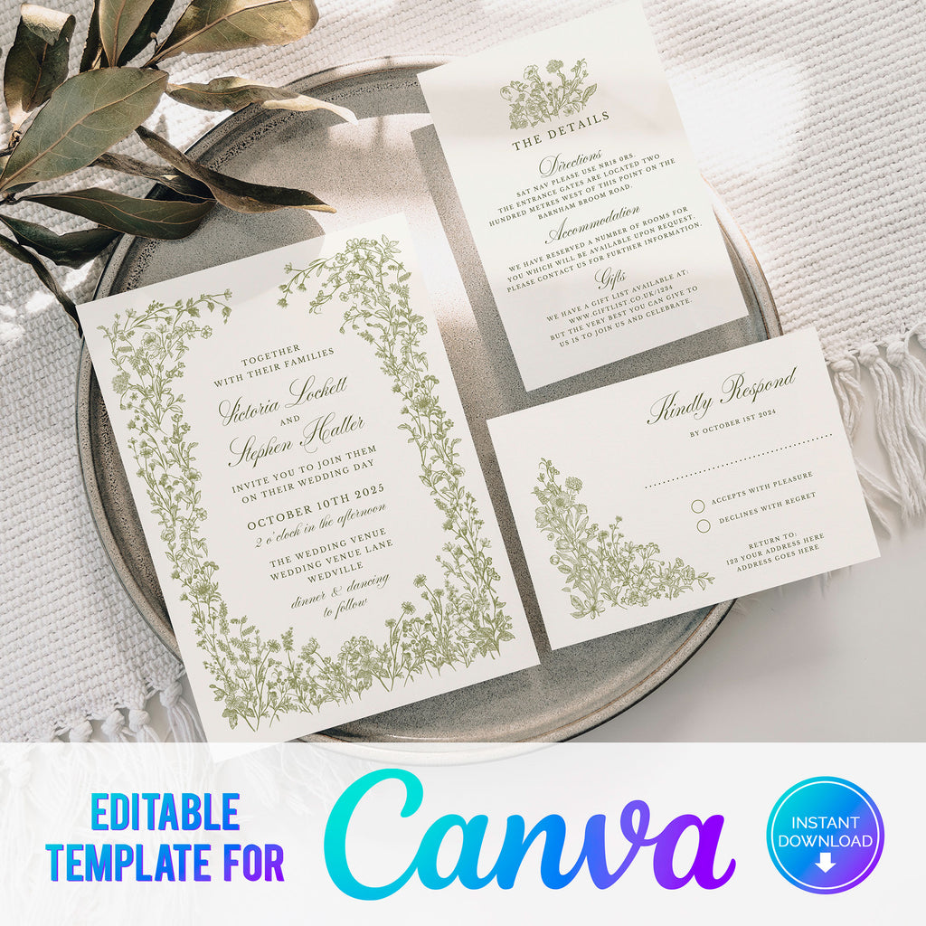 digital download of a wedding invitation with elegant sage green wildflowers