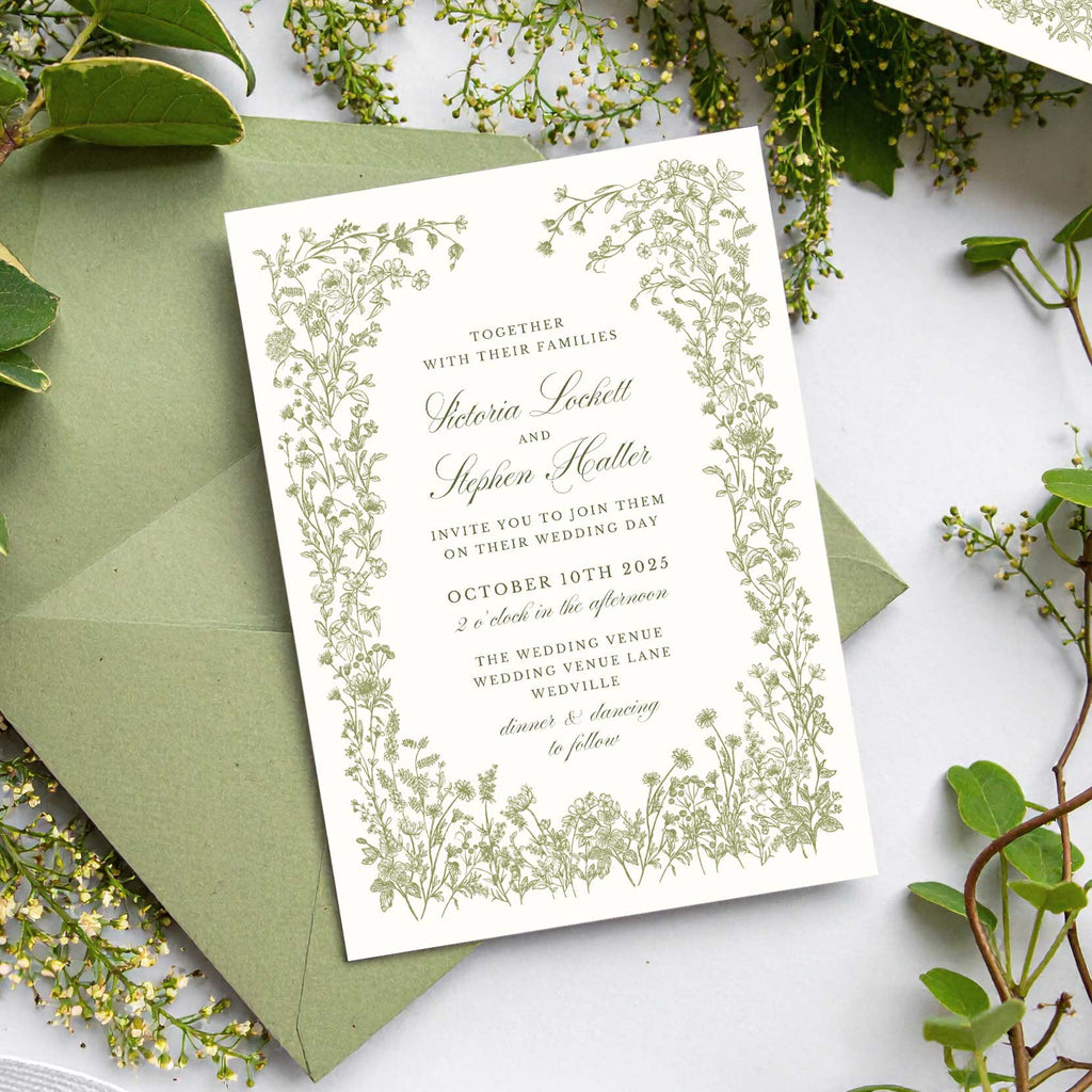 a wedding invitation with elegant green foliage and wildflowers.