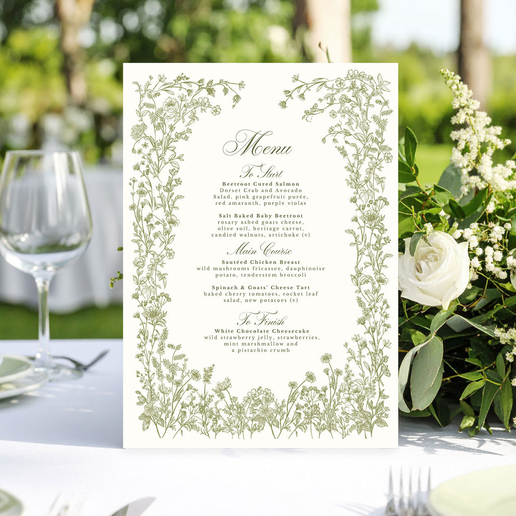 wedding menu with sage green wildflowers foliage and elegant text