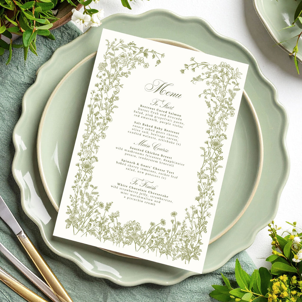 wedding menu with sage green wildflowers foliage and elegant text
