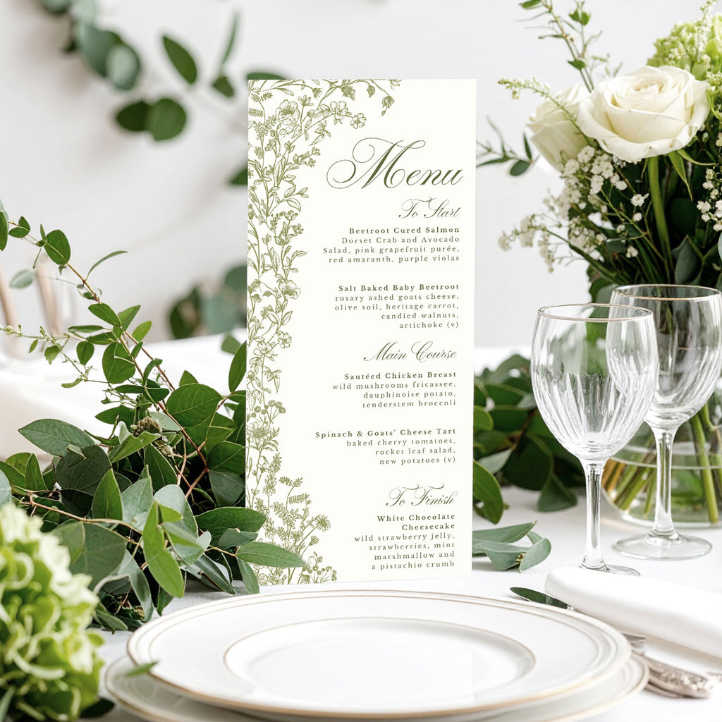 wedding menu with sage green wildflowers foliage and elegant text