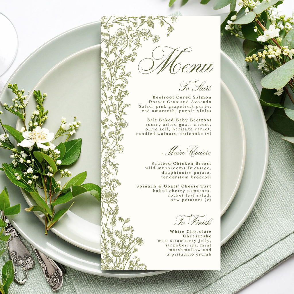 wedding menu with sage green wildflowers foliage and elegant text