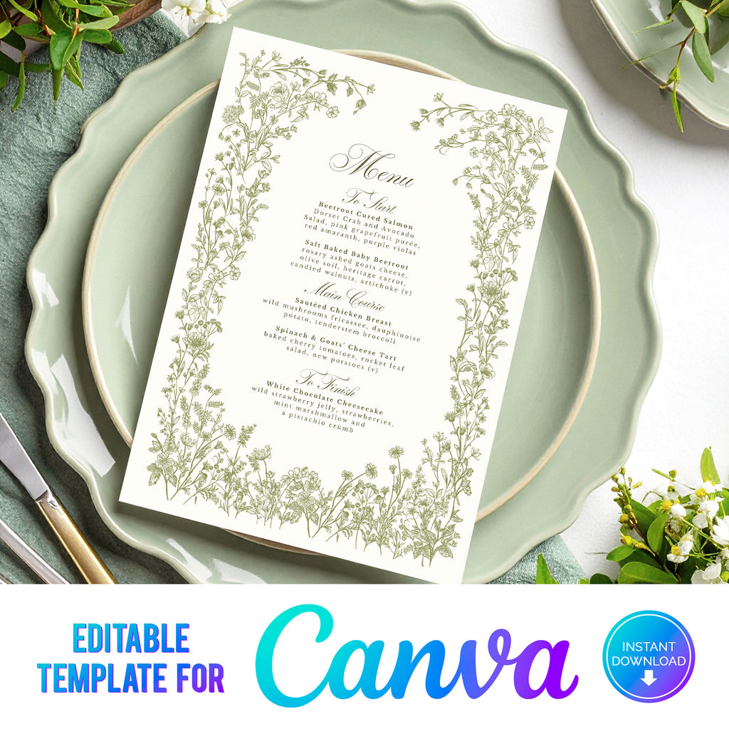 digital download of a wedding menu with elegant green wildflowers