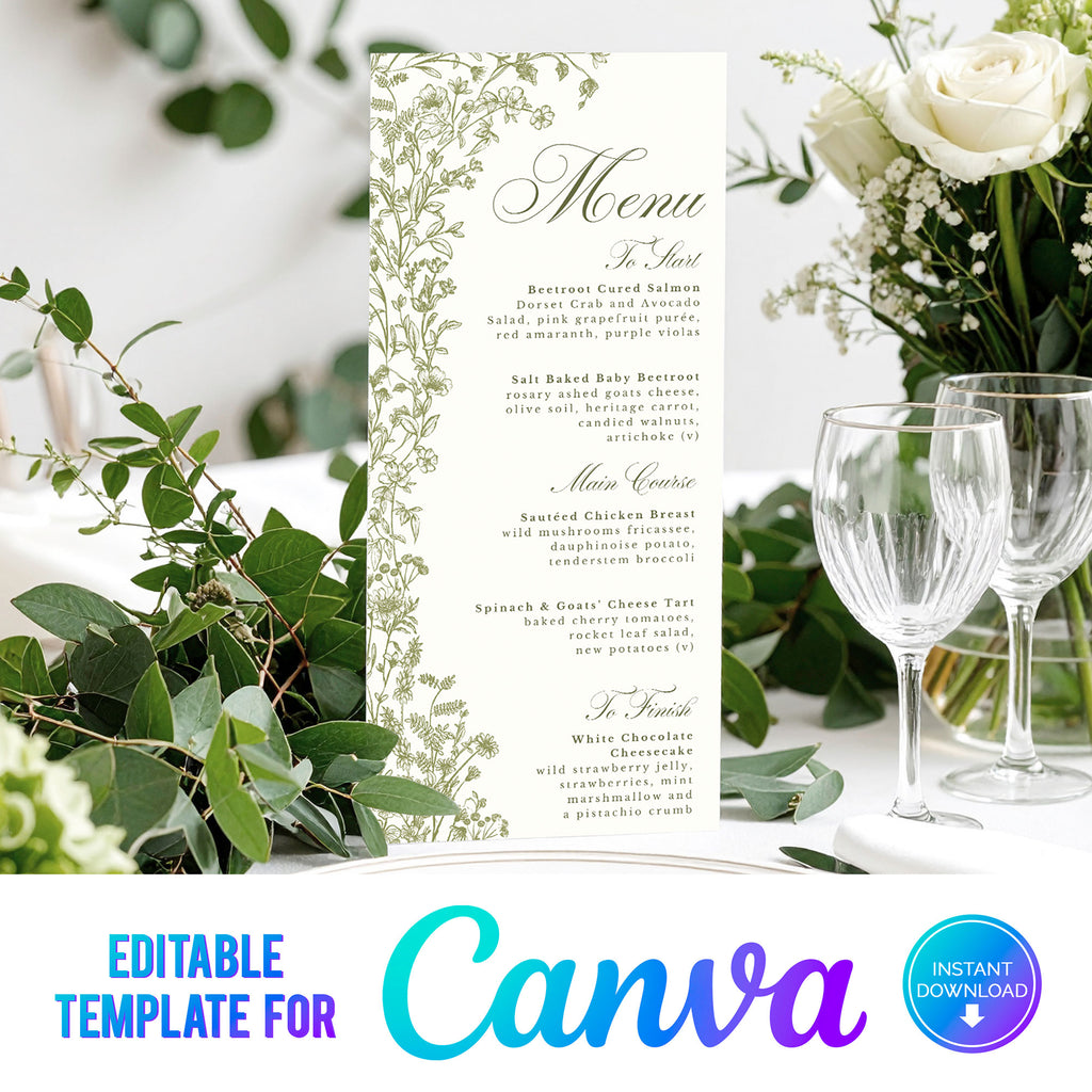 digital download for a wedding menu with elegant green wildflowers