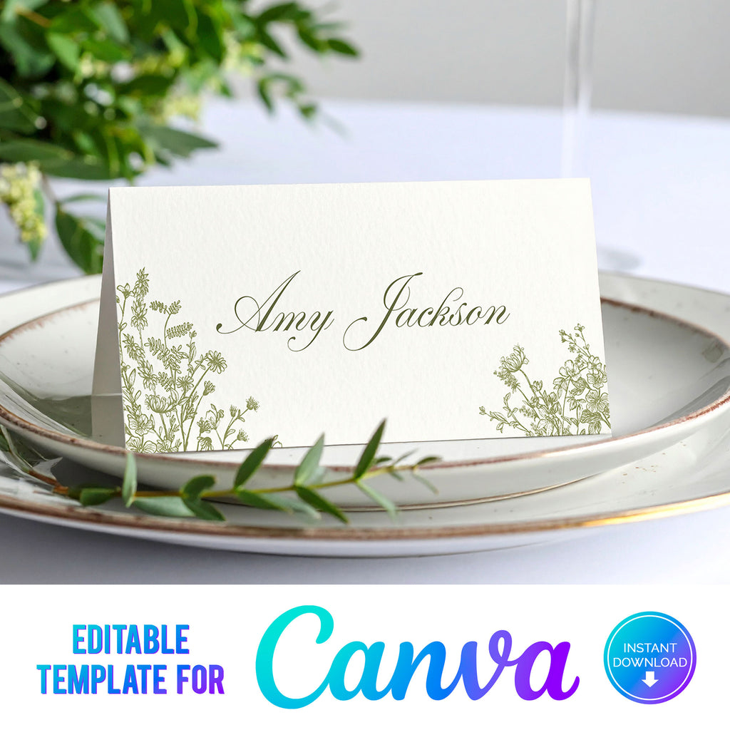 digital download for a wedding pace card with event green wildflowers