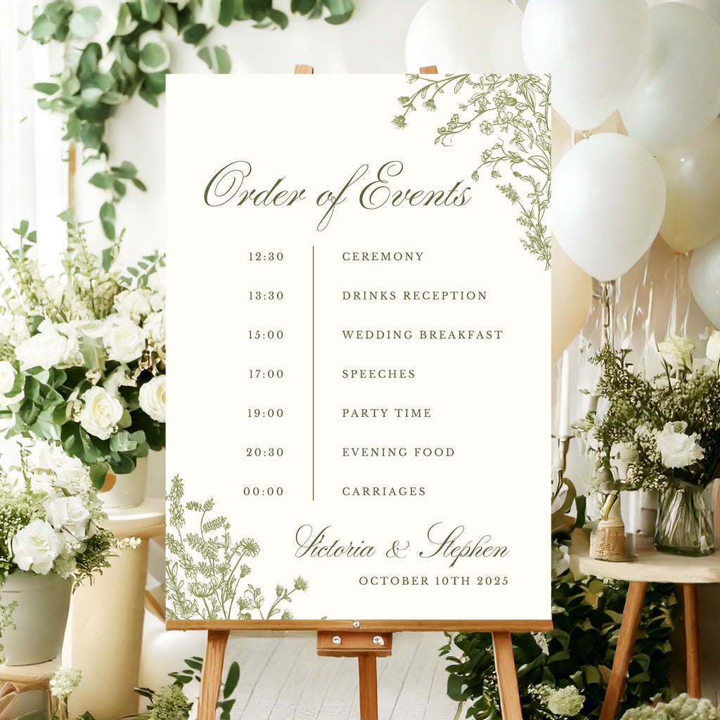 digital download template for wedding order of events sign with elegant green wildflowers and a timeline