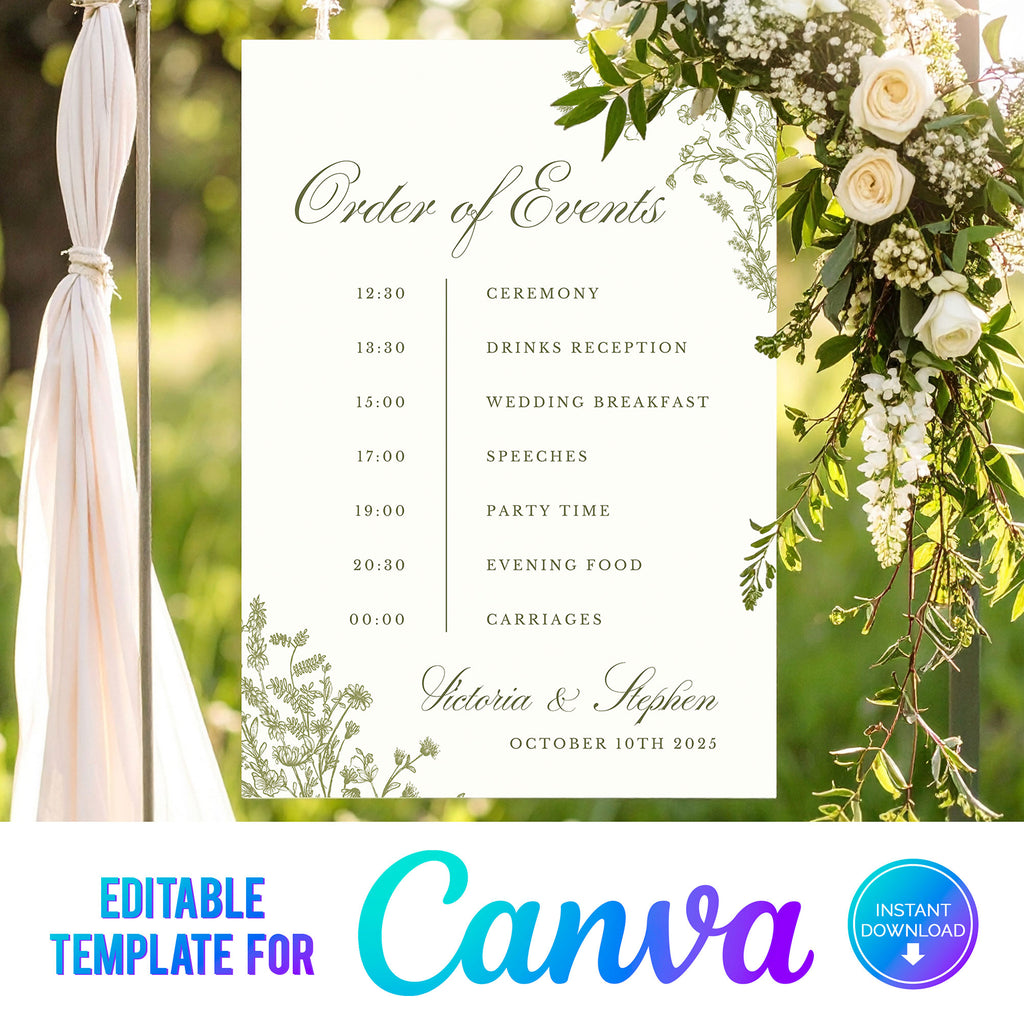 digital download template for wedding order of events sign with elegant green wildflowers and a timeline