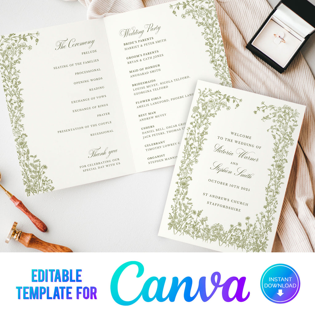 digital download template for an order of service booklet with elegant green wildflowers