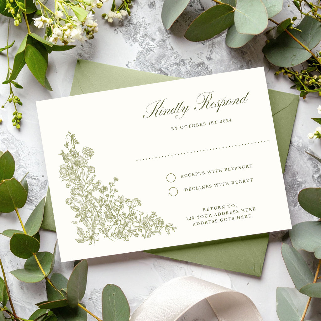 wedding Rsvp card with delicate green foliage and wildflowers