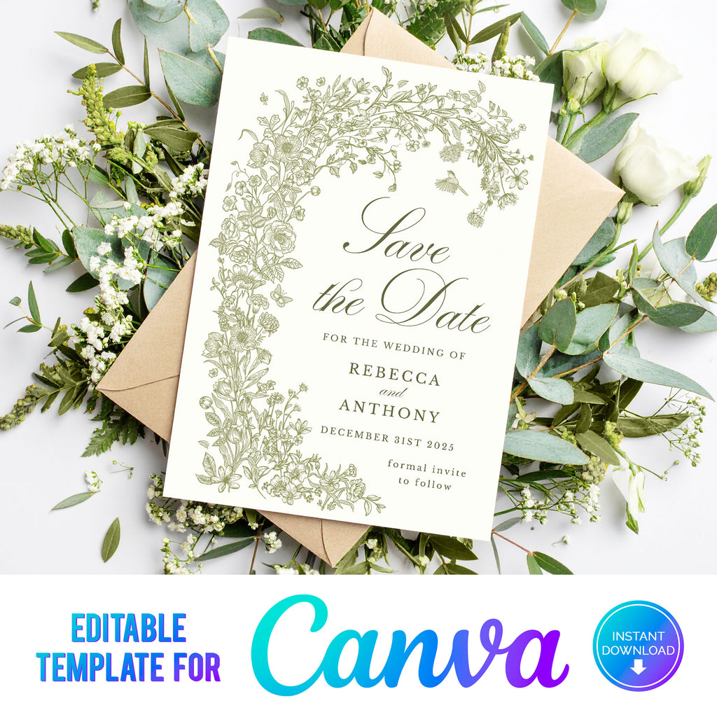 digital download of elegant green foliage save the date