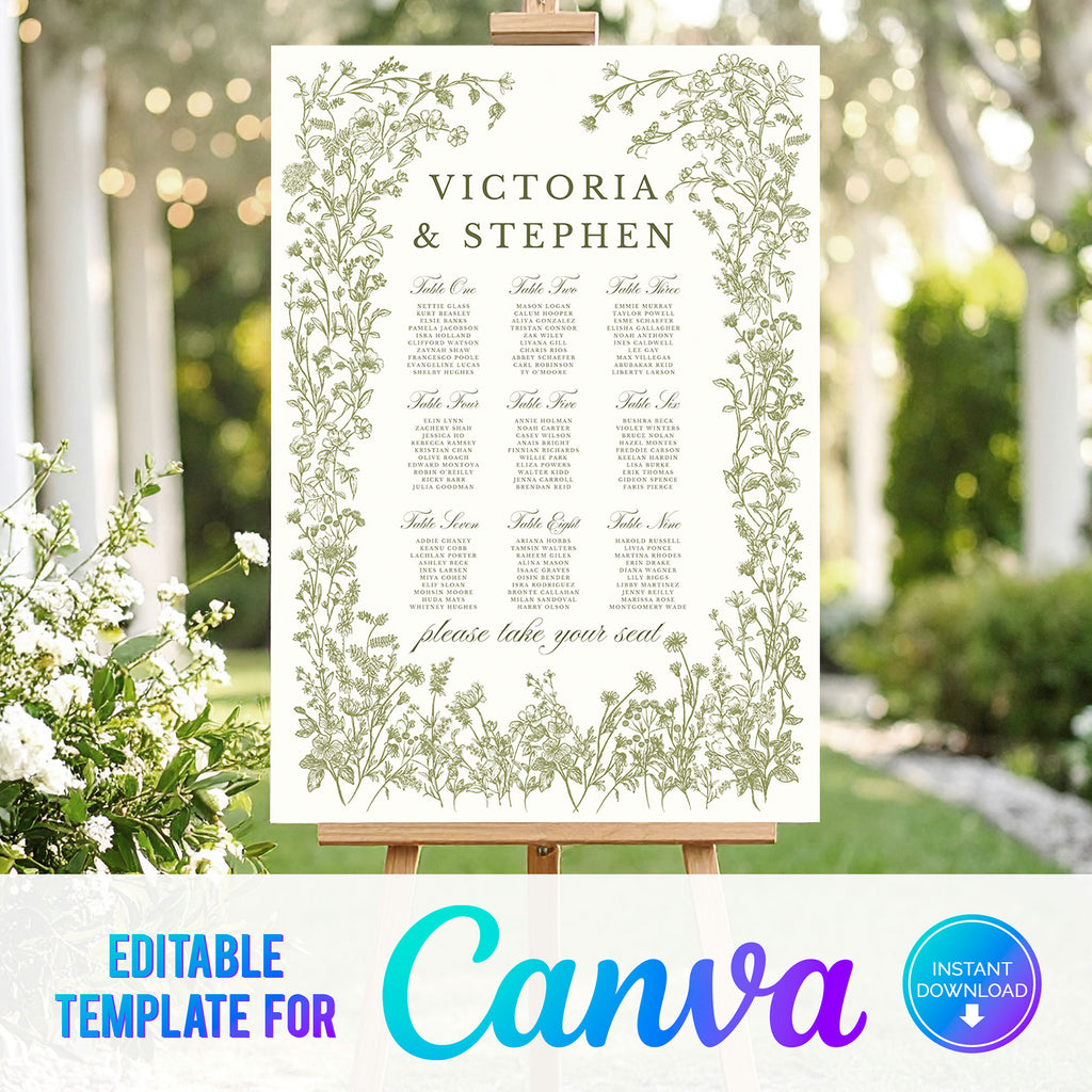 digital download template for table plan with elegant green wildflowers