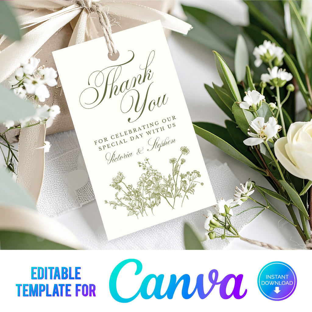 wedding favour thank you tag with green wildflowers