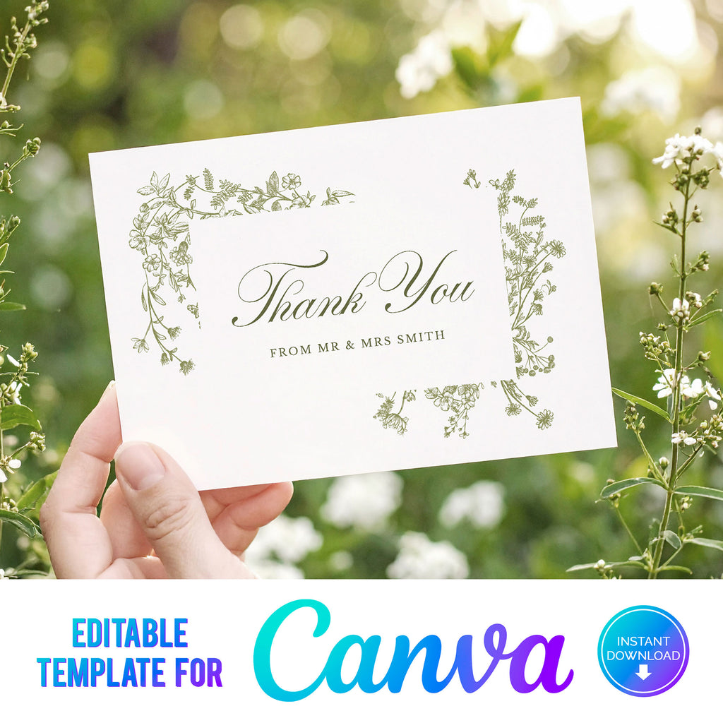 thank you post card with green wildflowers 