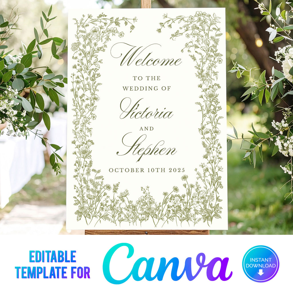 digital download for a wedding welcome sign with elegant green wildflowers