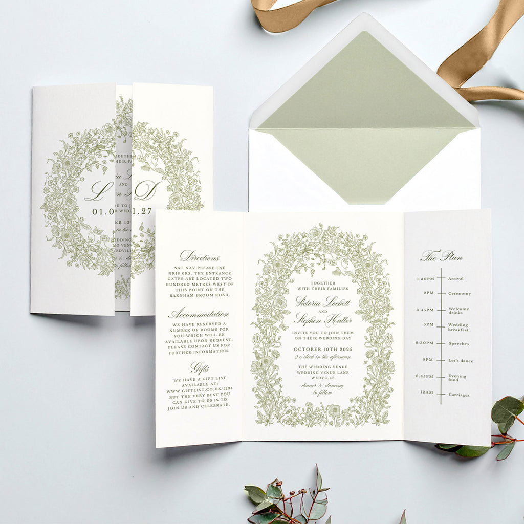 gatefold wedding invite with vintage style green florals